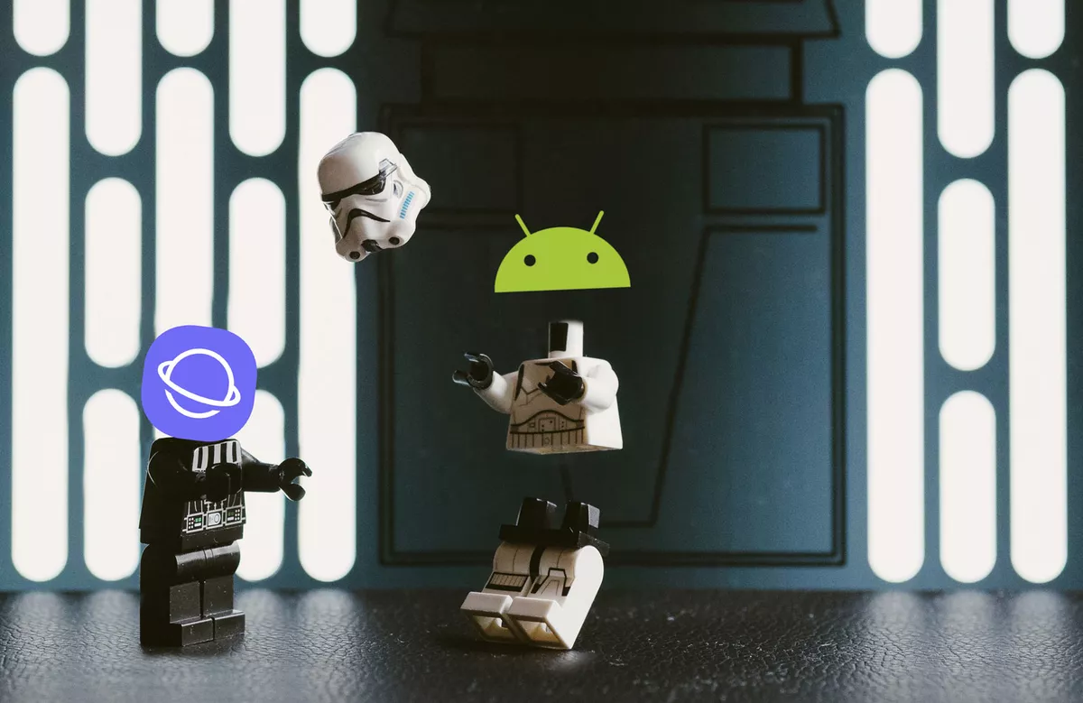 Two lego mini-figures: Darth Vader with the Samsung Internet Browser logo as a head, decapitating a Storm Trooper with the Android logo as a head