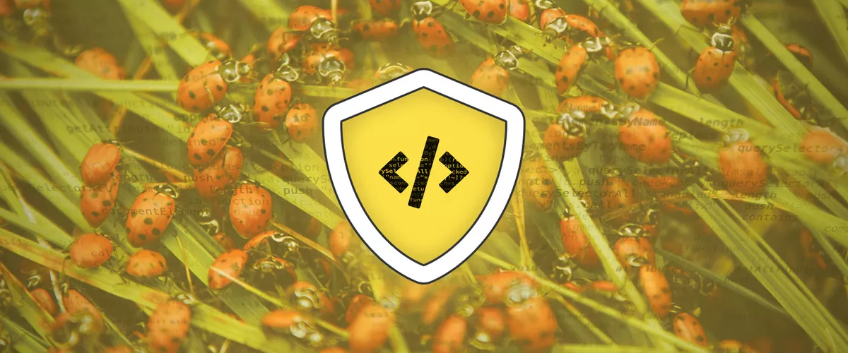 Digital illustration showing the symbol for code within a shield surrounded by a photo of an infestation of insects.