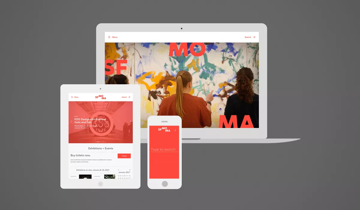 Screen shots of SFMOMA website in various device mockups