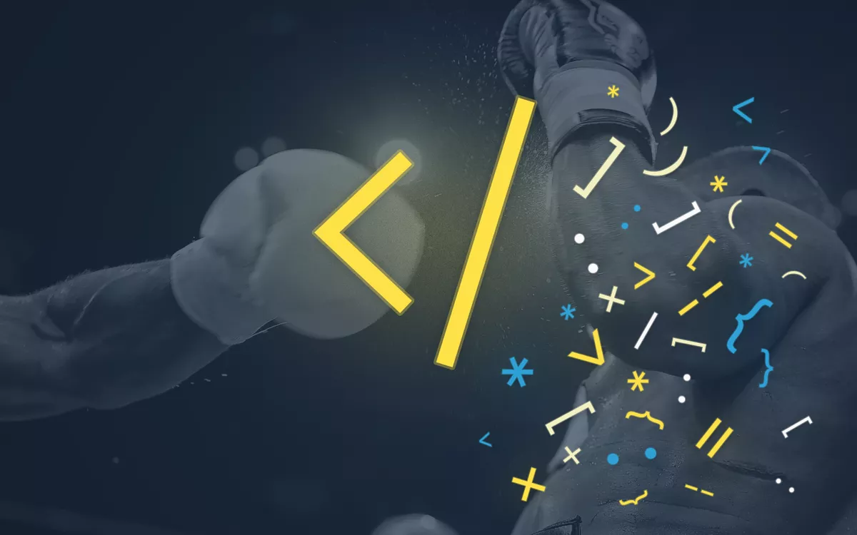 Digital illustration of code syntax exploding with two boxers hitting each other in the background
