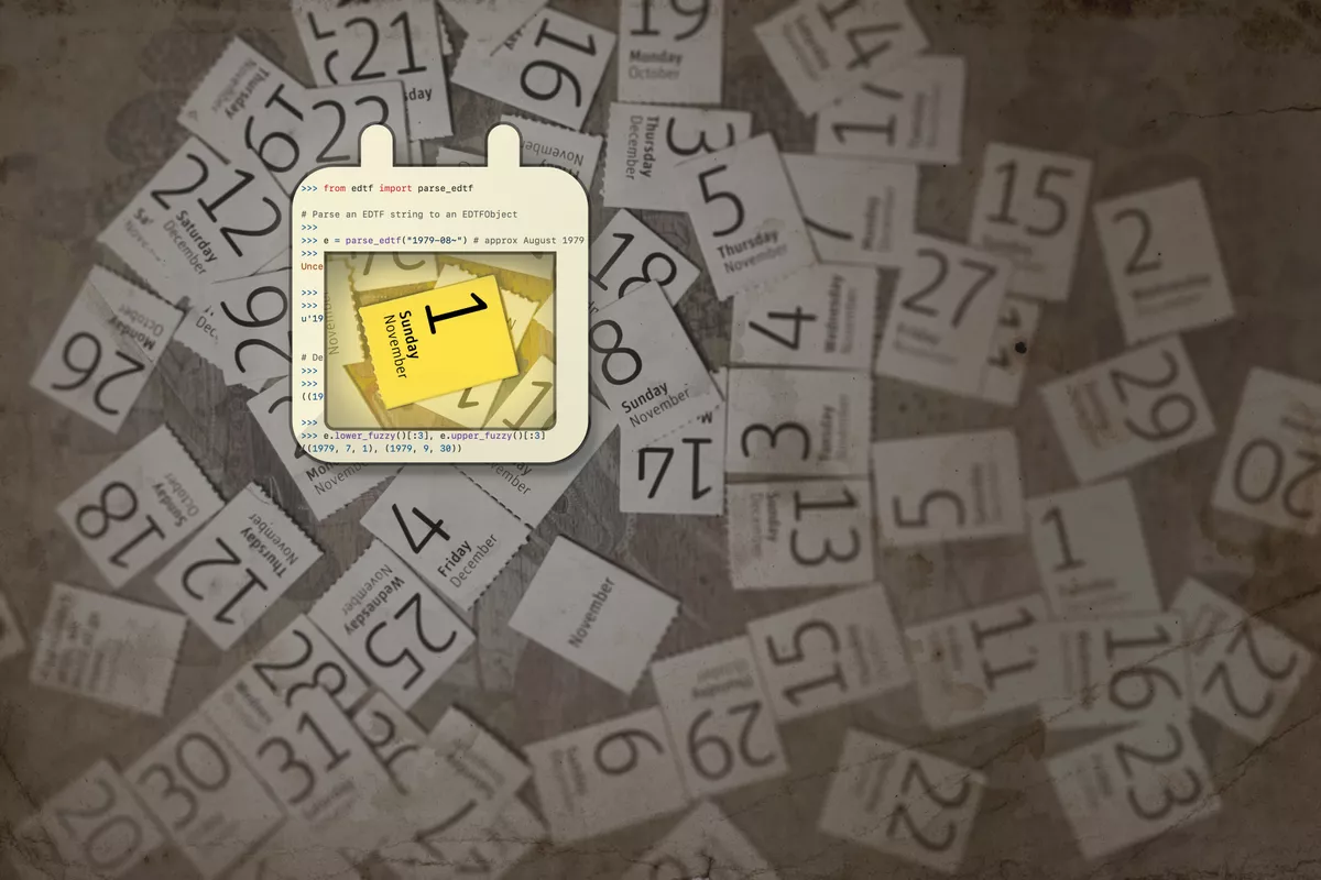 Digital illustration showing sheets from a calendar strewn about on a flat surface and out of focus, with a vector outline of a calendar containing lines of code bringing one sheet into focus