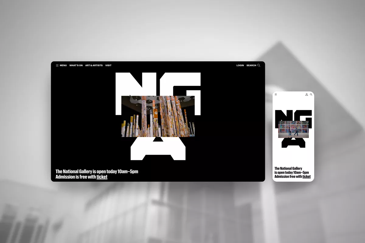 Screenshots of NGA homepage on blurred background of the gallery building