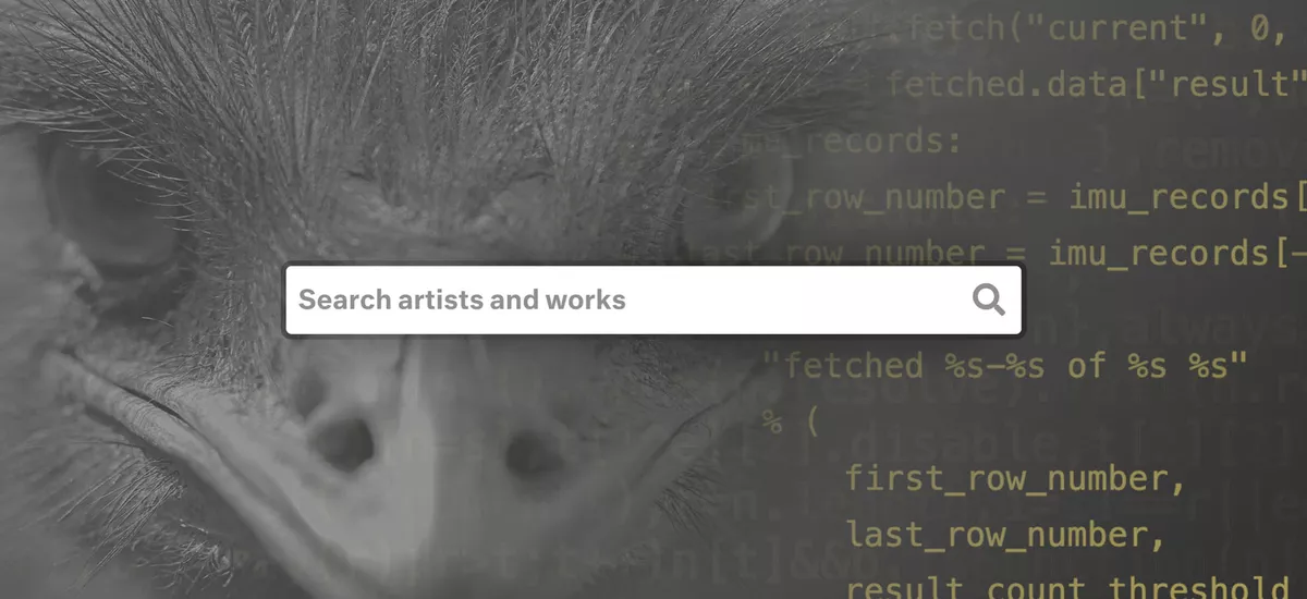 Closeup of an Emu with Python code and a search bar overlaid on top